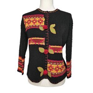 Susan Bristol Small Black Hand Embroidered Cardigan Boho Vintage Festive Floral